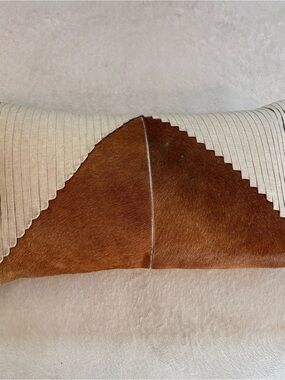 Callisto Home Brown Cowhide Pleated Beige Cotton Lumbar Accent Pillow 23 x 13
